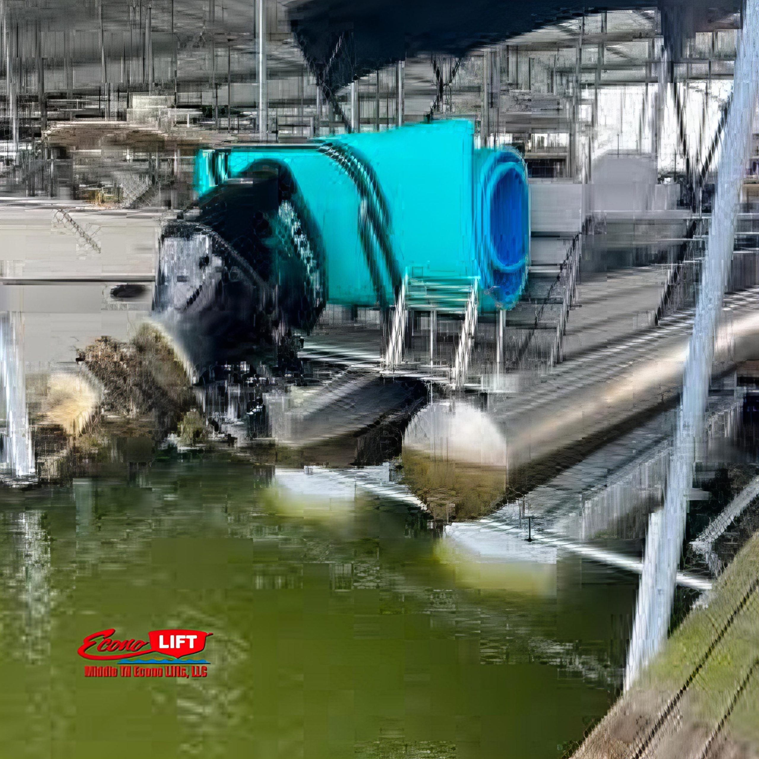 Pontoon boat secured on a Middle TN Econo Lift 8,000lb lift at a serene dockside location.